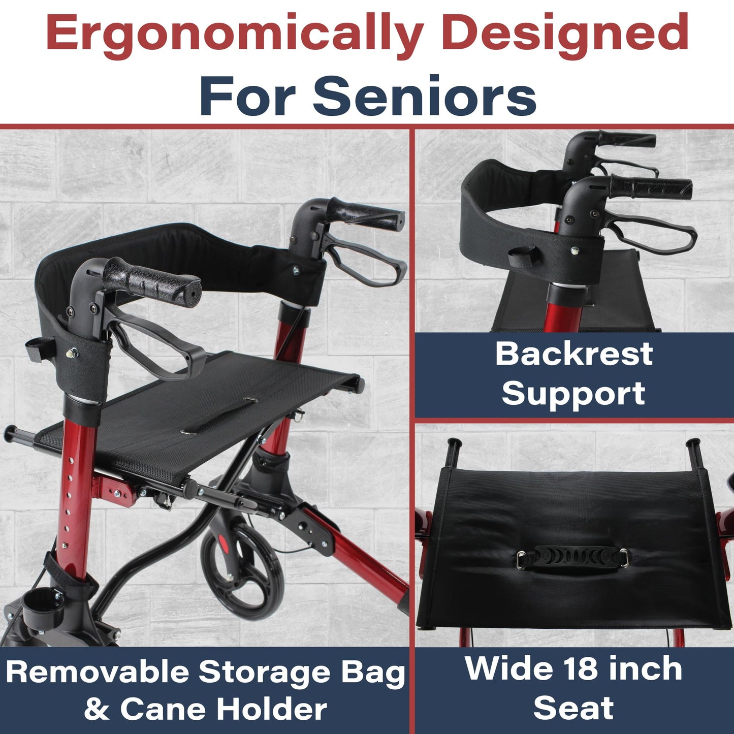 Zipr Pioneer Walker with Seat - Sturdy Walkers for Seniors - Rollator Walker with Seat & Storage - Portable Folding Walker 4 Wheel Walker for Seniors, Elderly, Adults - 300 lbs Max Weight