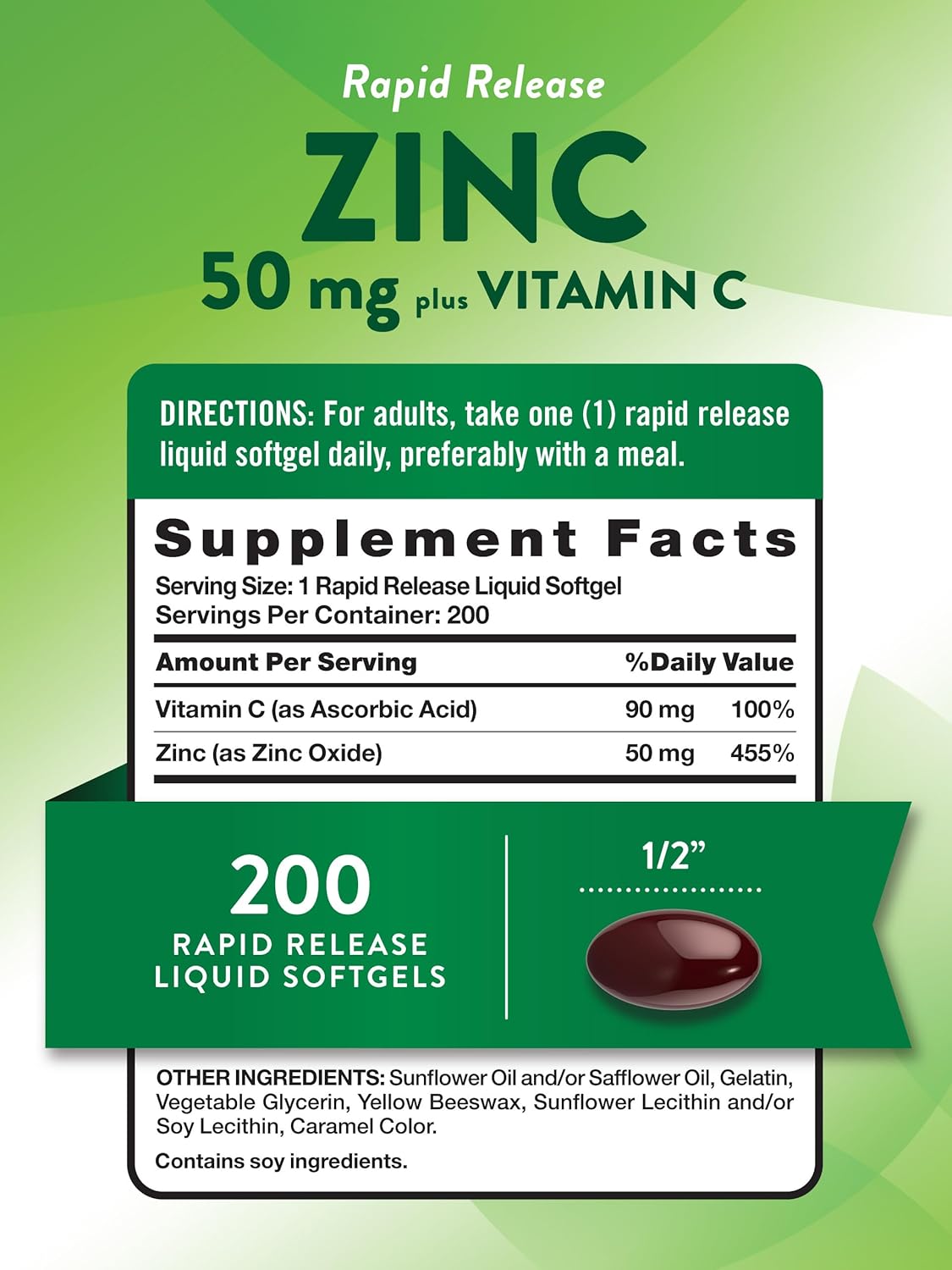 Nature's Truth Zinc 50mg Supplement | with Vitamin C | 200 Liquid Softgels | Non-GMO & Gluten Free