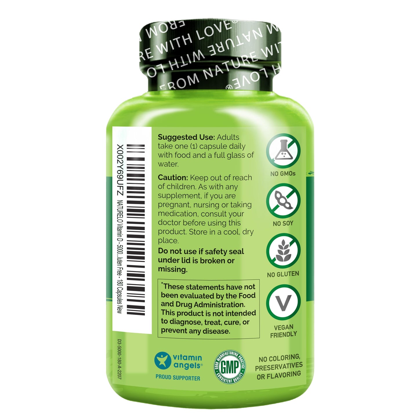 NATURELO Vitamin D - 5000 IU - Plant Based from Lichen - Natural D3 Supplement for Immune System, Bone Support, Joint Health - High Potency - Vegan - Non-GMO - Gluten Free - 180 Capsules