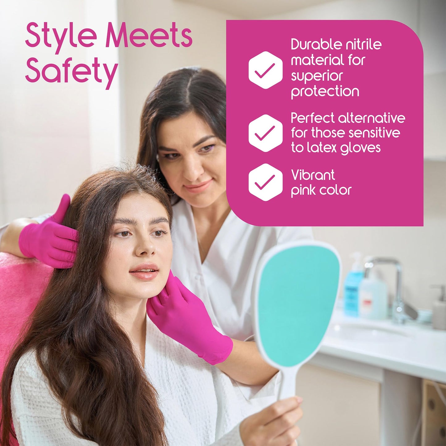 Inspire Pink Disposable Nitrile Gloves - Hair & Nail Salon, Esthetician Use
