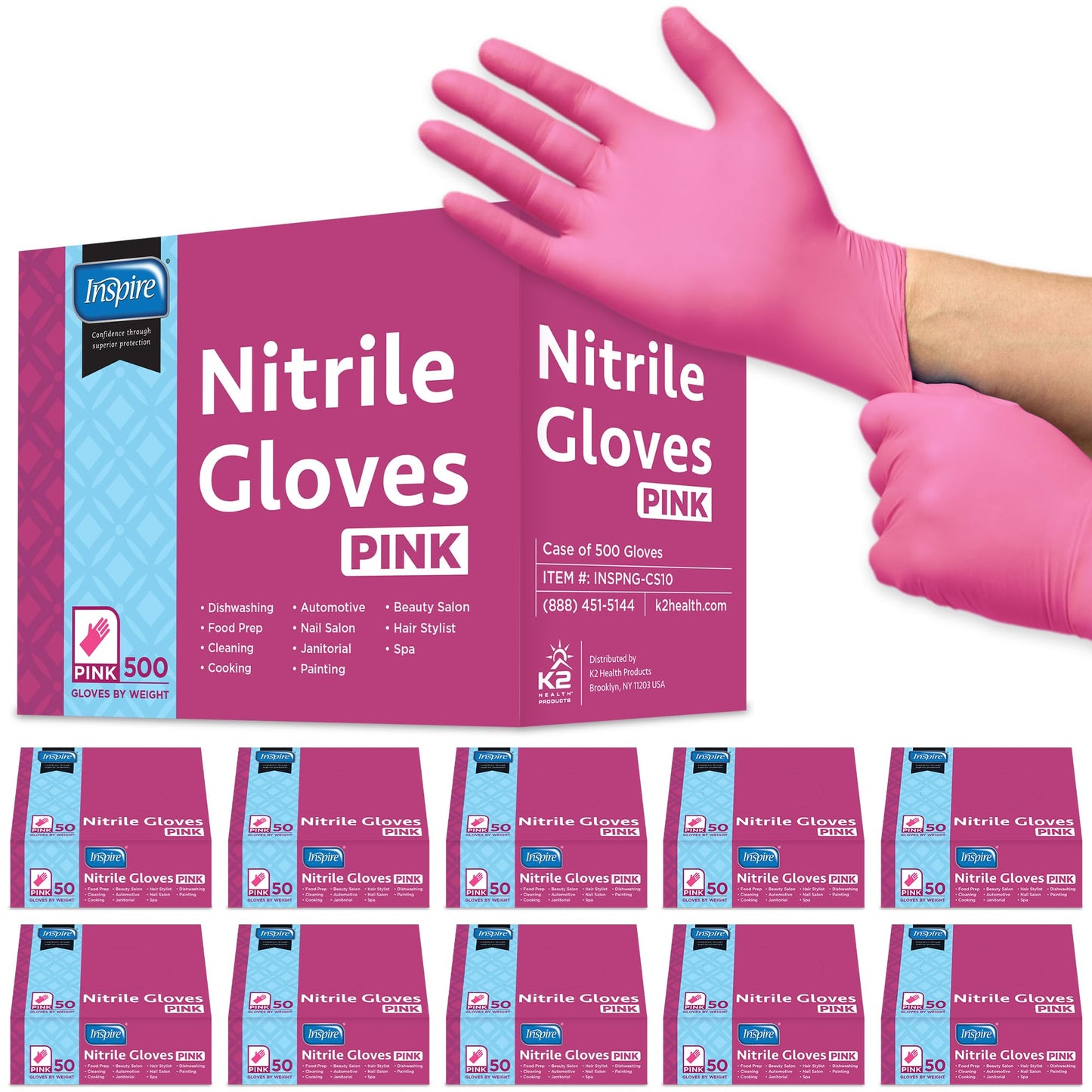 Inspire Pink Disposable Nitrile Gloves - Hair & Nail Salon, Esthetician Use