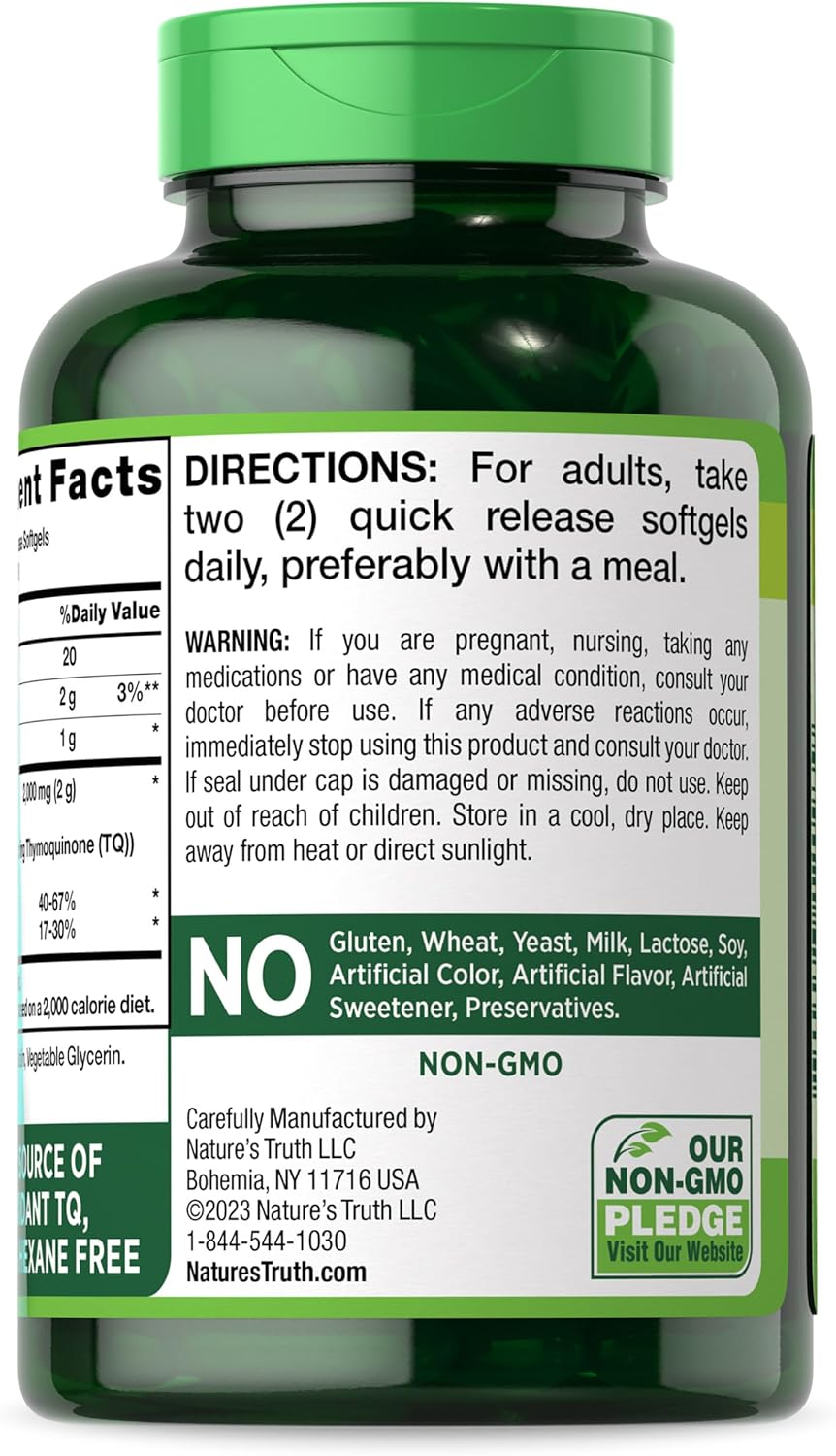Nature's Truth Black Seed Oil Pills | 2,000mg | 120 Softgels | Virgin Cold Pressed Cumin | Non-GMO and Gluten Free Supplement