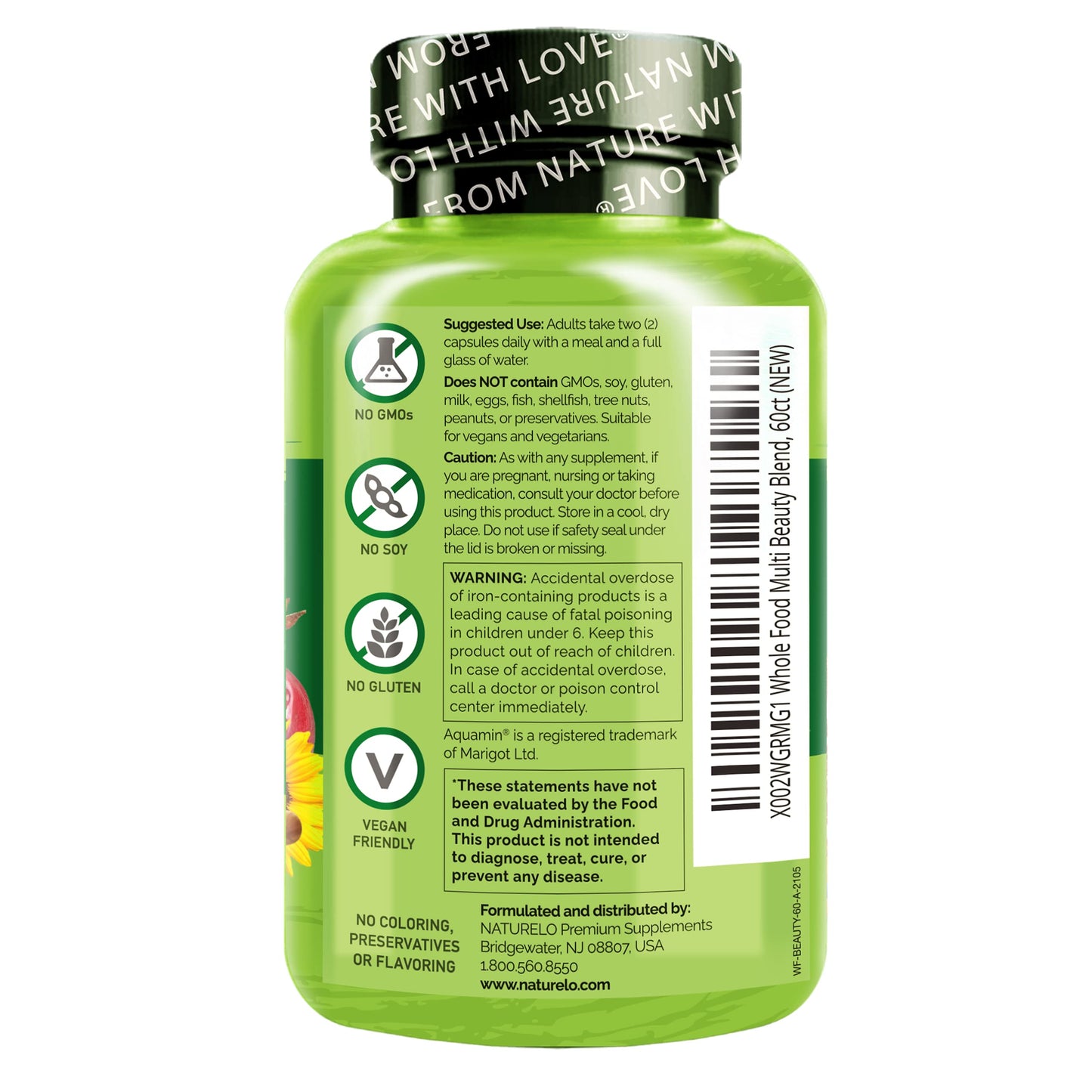NATURELO Whole Food Multivitamin with Extra Hair, Skin and Nails Support - Beauty Blend with Hyaluronic Acid & Grape Seed - High Potency Biotin, Vitamin C, and Glutathione - 60 Vegan Capsules