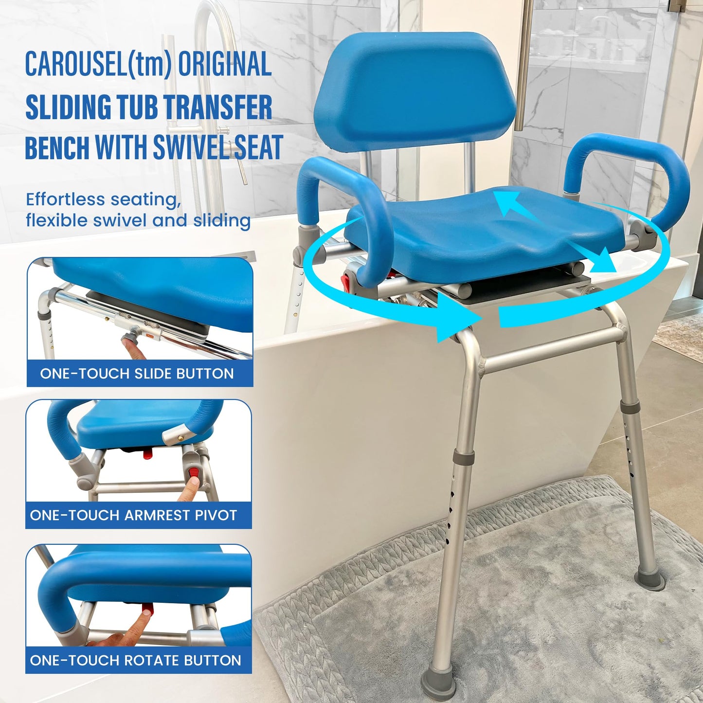 Platinum Health Carousel Sliding Shower Chair Tub Transfer Bench with Swivel Seat, Premium Padded, Pivoting Arms, Adjustable Space Saving Design for Tubs, Inside Shower, for Handicap & Seniors, Blue