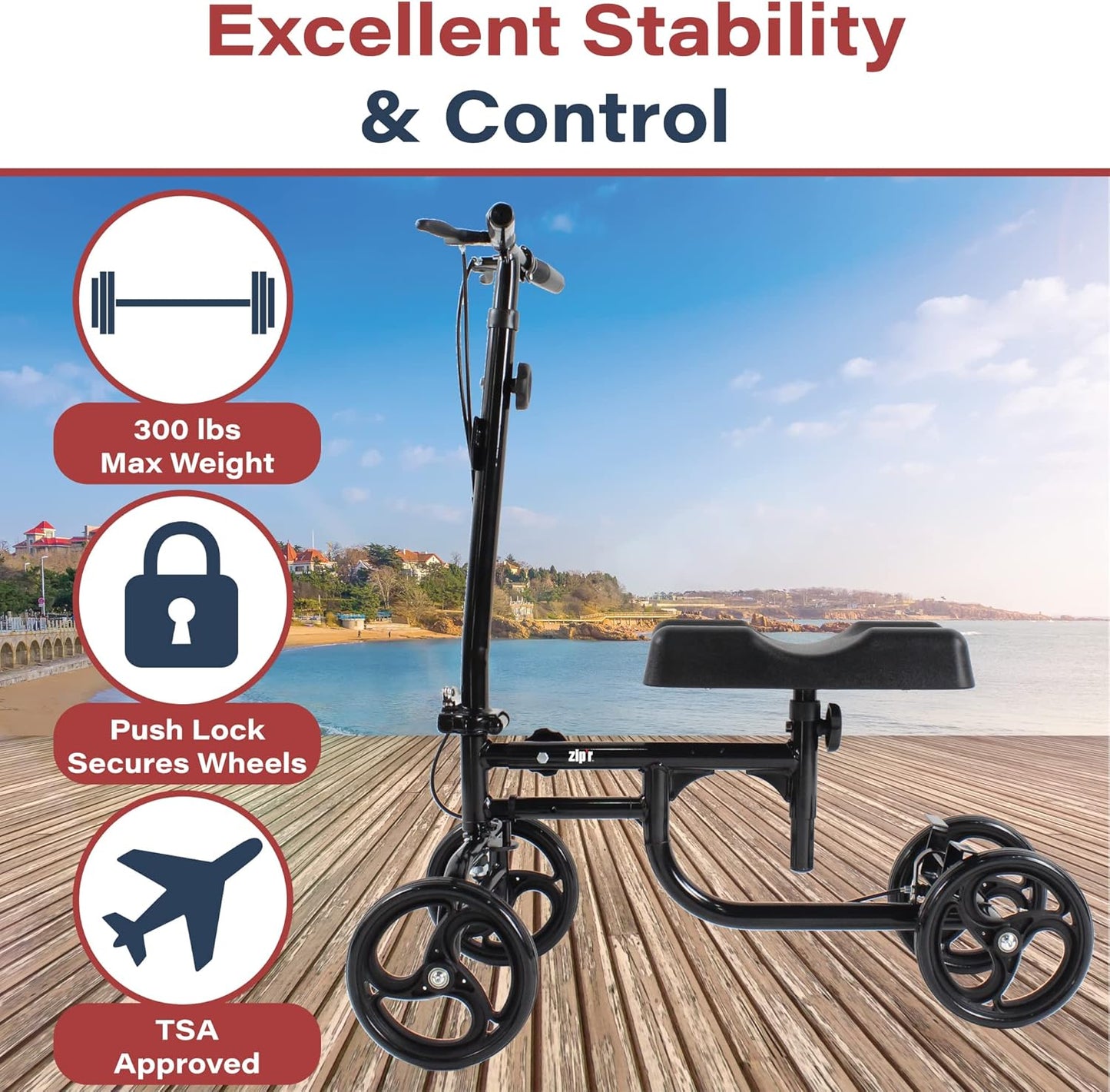 Zipr Glider Adjustable Knee Walker - Lightweight Transportable - Roller with Dual Braking - Heavy Duty Medical Knee Scooter