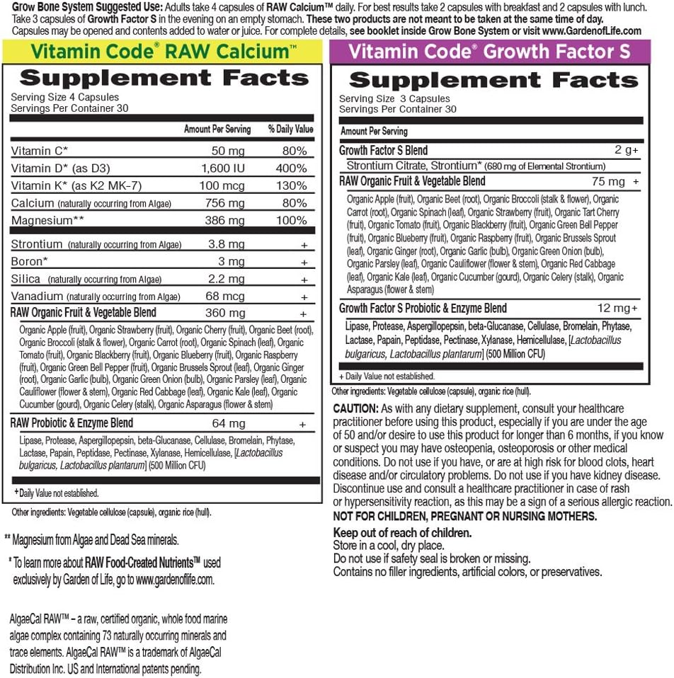 Garden of Life Calcium Supplement - Vitamin Code Grow Bone Made with Whole Foods, Strontium, Magnesium, K2 MK7, Vitamin D3 & C Plus Probiotics for Gut Health, 30 Day Supply