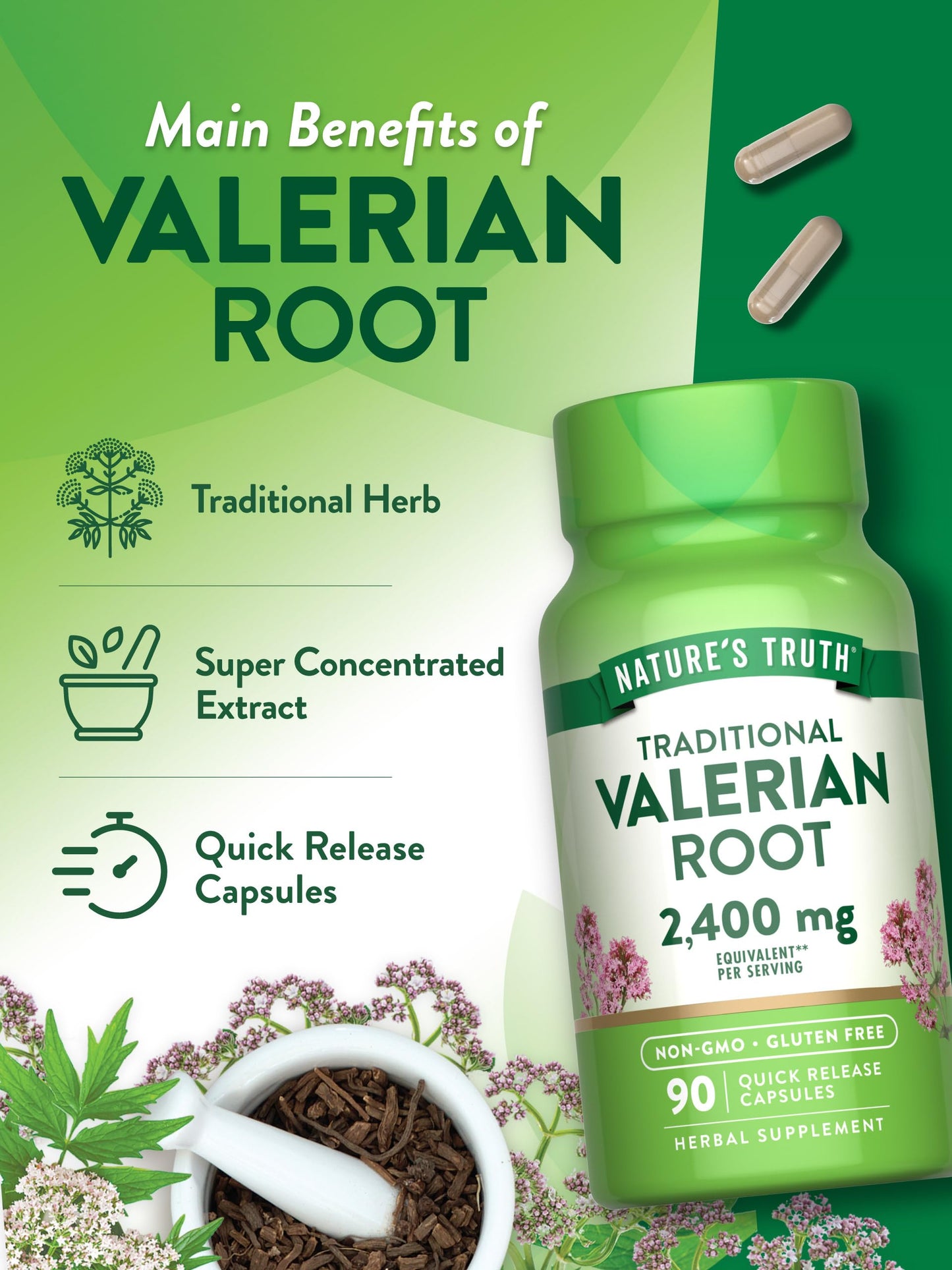 Nature's Truth Valerian Root Capsules | 2400mg | 90 Count | Non-GMO & Gluten Free Supplement