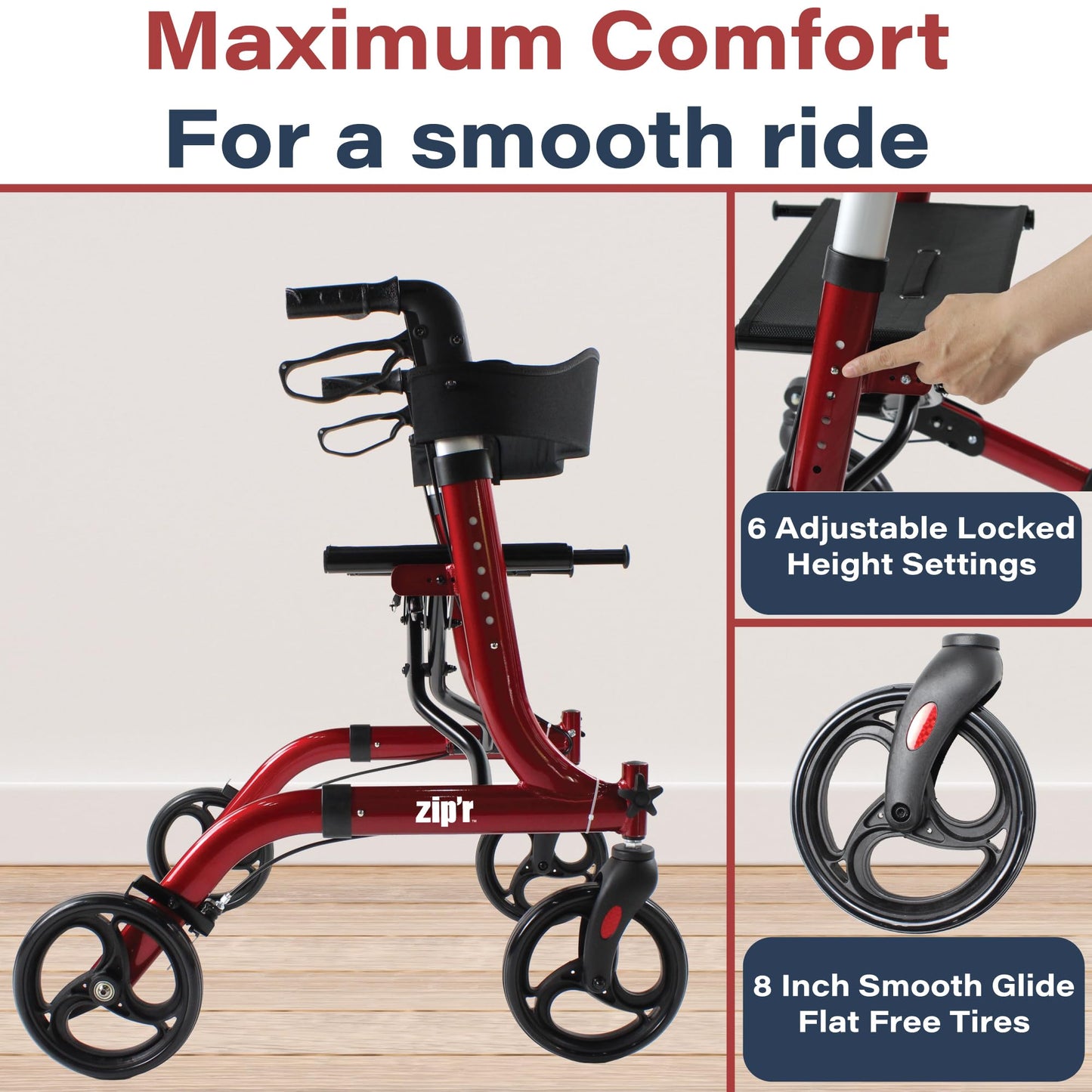 Zip'r Rambler Walker With Seat - Sturdy Rollator for Seniors, Lightweight 4 Wheel Walker, 300 lbs Max Weight, Folding, Red