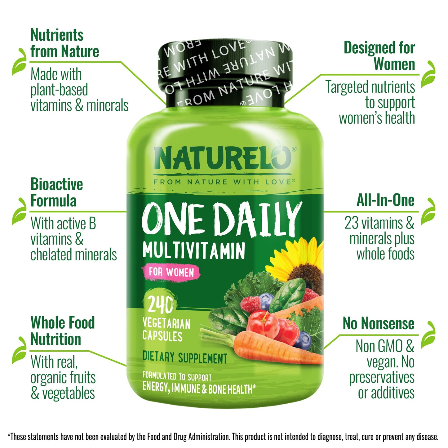 NATURELO One Daily Multivitamin for Women - Energy Support - Whole Food Supplement to Nourish Hair, Skin, Nails - Non-GMO - No Soy - Gluten Free - 60 Capsules - 2 Month Supply
