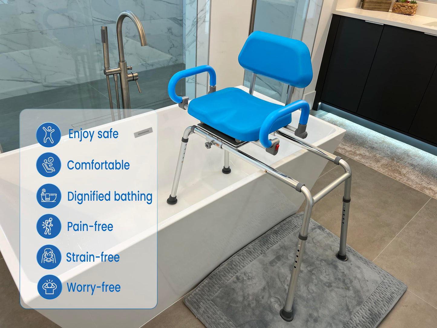 Platinum Health Carousel Sliding Shower Chair Tub Transfer Bench with Swivel Seat, Premium Padded, Pivoting Arms, Adjustable Space Saving Design for Tubs, Inside Shower, for Handicap & Seniors, Blue