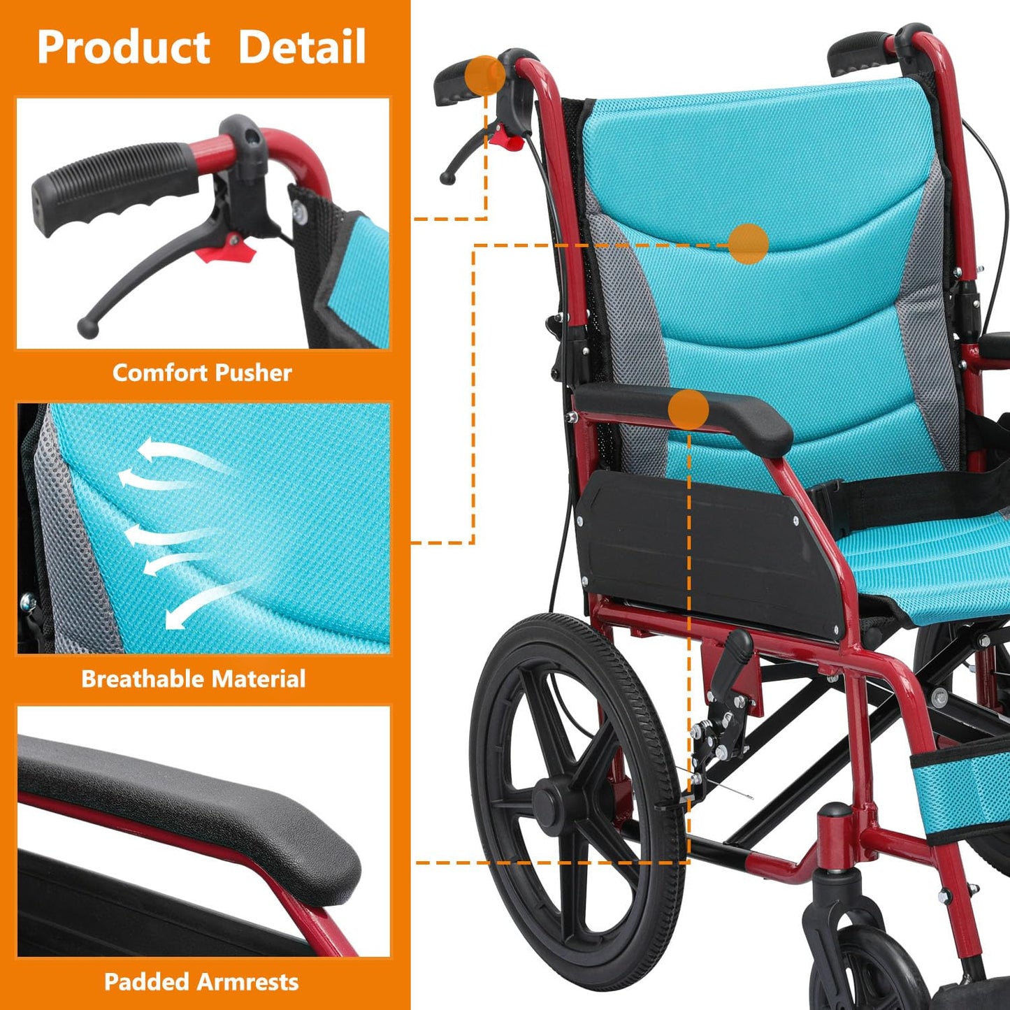 Wheelchair with Handbrakes, Swing-Away Footrests, 17.5" Wide Seat, 15" Rear Wheels, Lightweight Transport Chair for Easy Transfer, Travel, Compact Storage, 250lbs Capacity, Black Frame