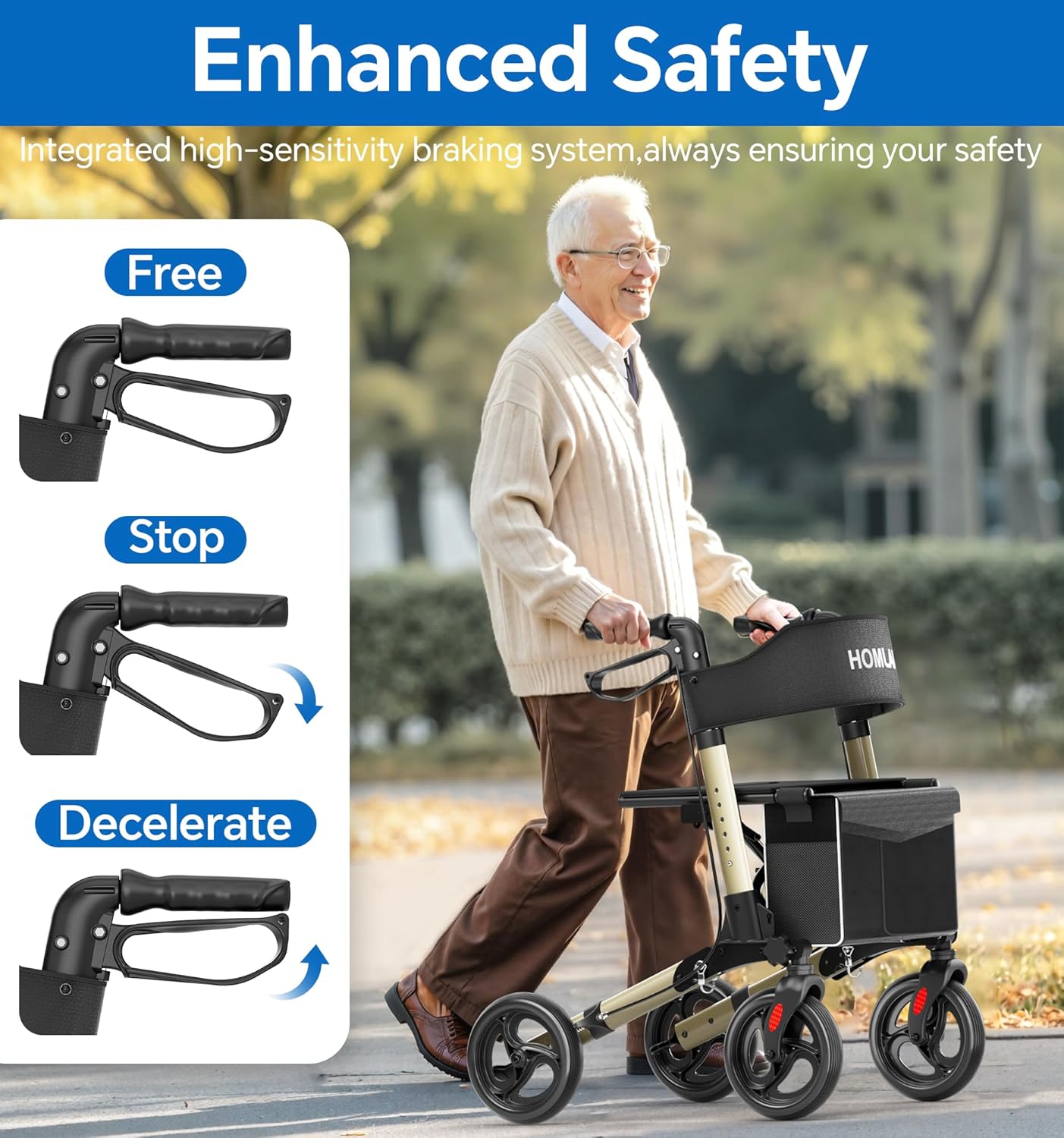 Foldable Rollator Walker for Seniors with Seat, 350 LBS Portable Rolling Walker with Height Adjustable, 8" Big Wheels Compatible for All Terrain, Champagne