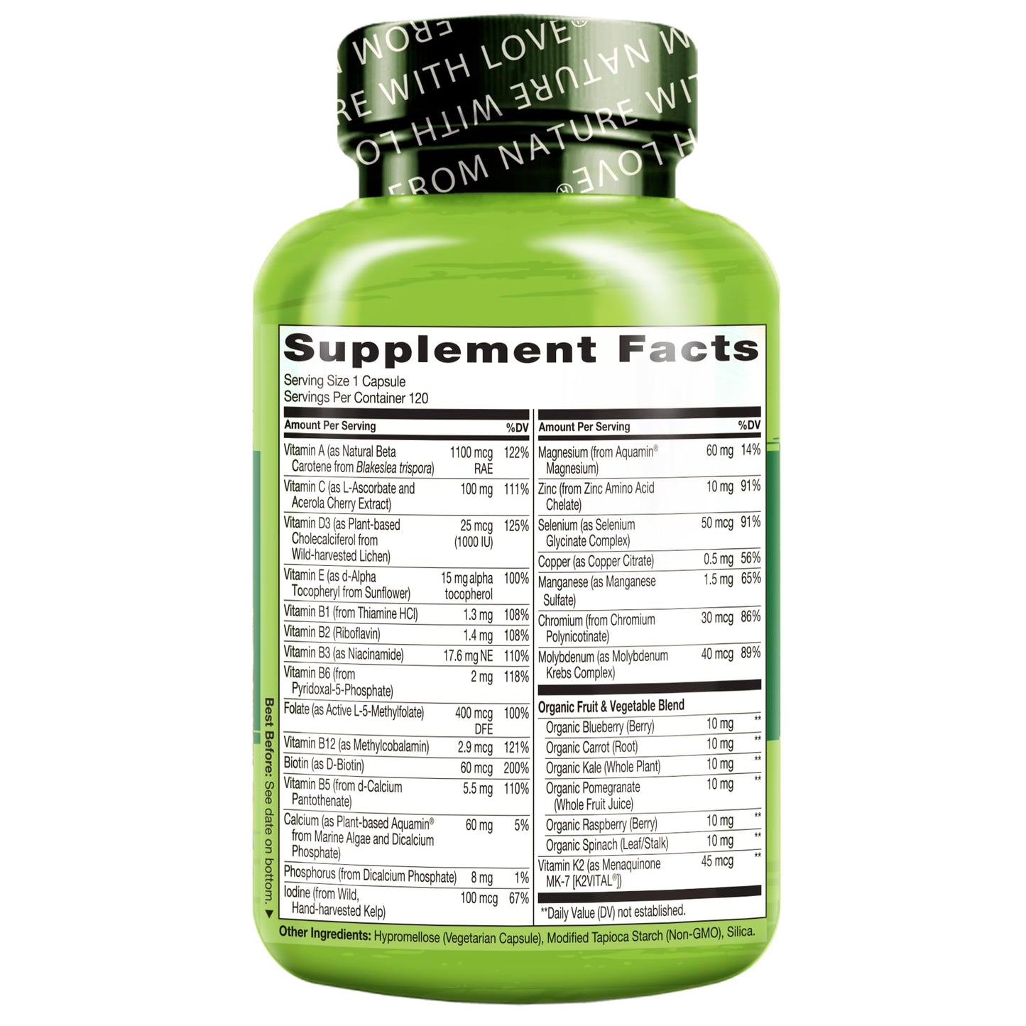 NATURELO Mens Multivitamins for Men 50+ - One Daily Multivitamin for Men with Vitamins, Minerals & Organic Whole Foods, Boost Energy & Health, Non-GMO, 60 Vegetarian Capsules