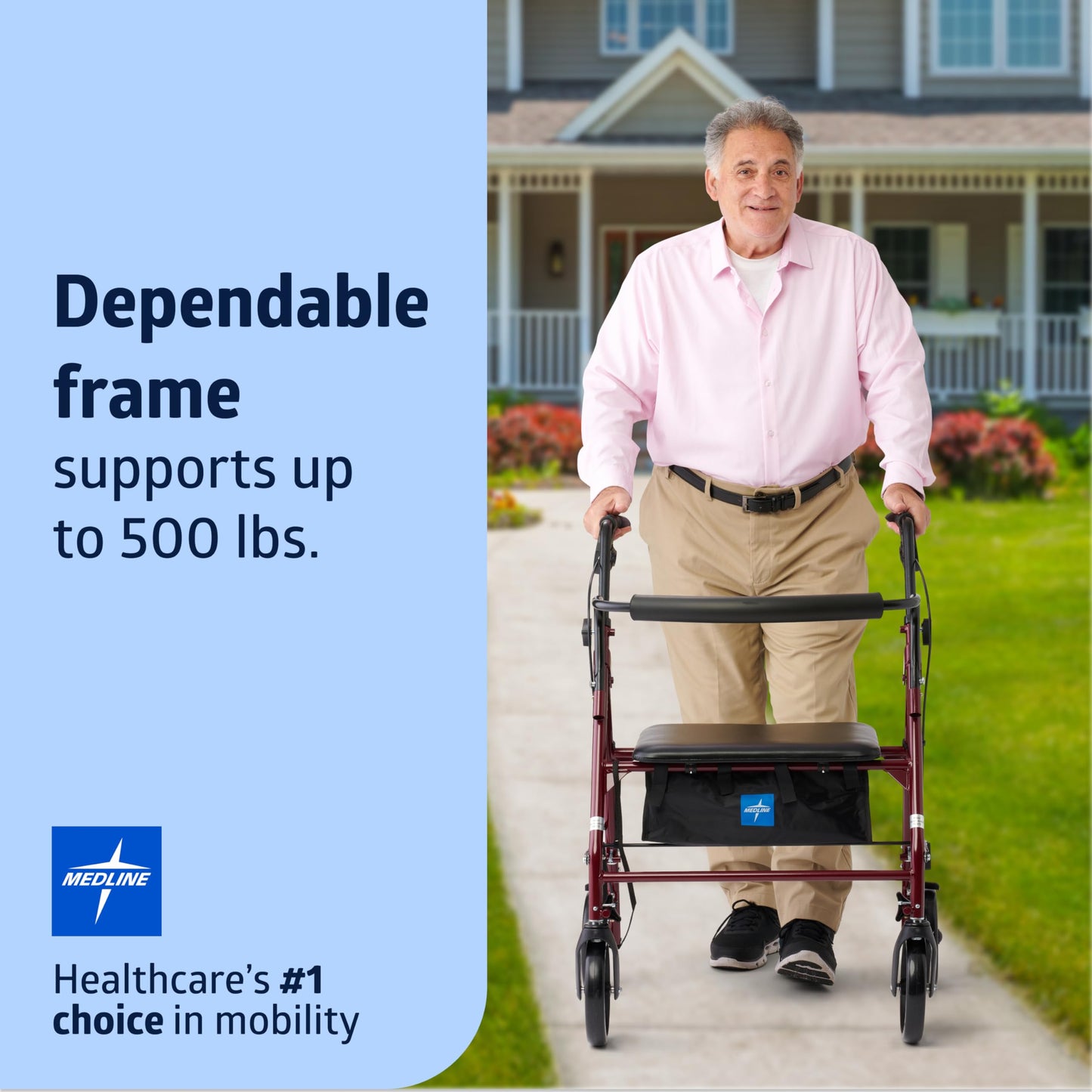 Medline Large Steel Bariatric Rollator Walker with Adjustable Handles, Padded Seat & Backrest, Burgundy, 500 lb. Weight Capacity, Foldable, Under Seat Storage, 8" Wheels, Rolling Walker For Seniors & Adults