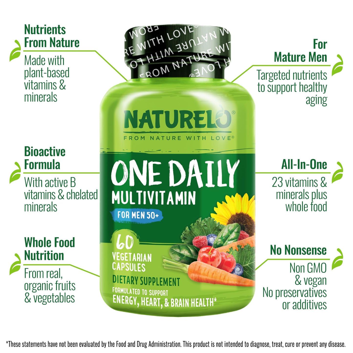 NATURELO Mens Multivitamins for Men 50+ - One Daily Multivitamin for Men with Vitamins, Minerals & Organic Whole Foods, Boost Energy & Health, Non-GMO, 60 Vegetarian Capsules