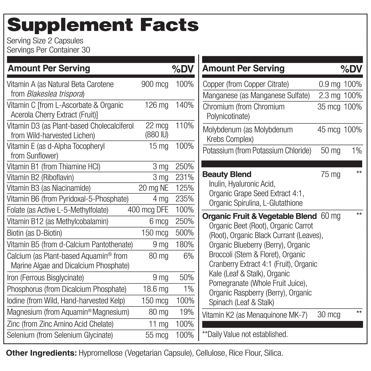 NATURELO Whole Food Multivitamin with Extra Hair, Skin and Nails Support - Beauty Blend with Hyaluronic Acid & Grape Seed - High Potency Biotin, Vitamin C, and Glutathione - 60 Vegan Capsules