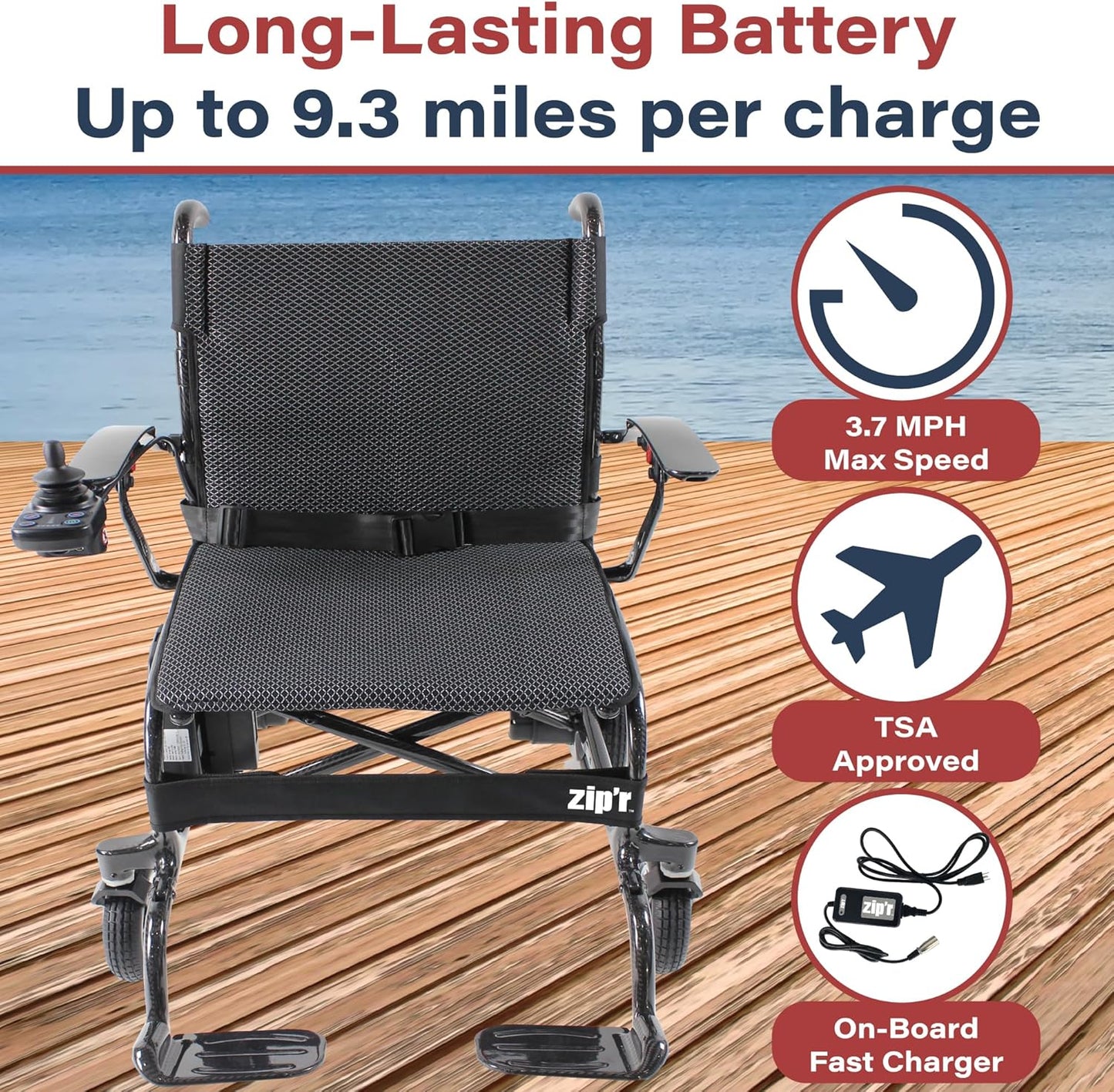 Zipr Carbon Fiber Electric Wheelchair - 28 lbs with Battery Power Electric Wheelchair - 300 lbs Max Weight - Heavy Duty Carbon Fiber Lightweight Motorized Wheelchair - Long Range TSA Approved Battery
