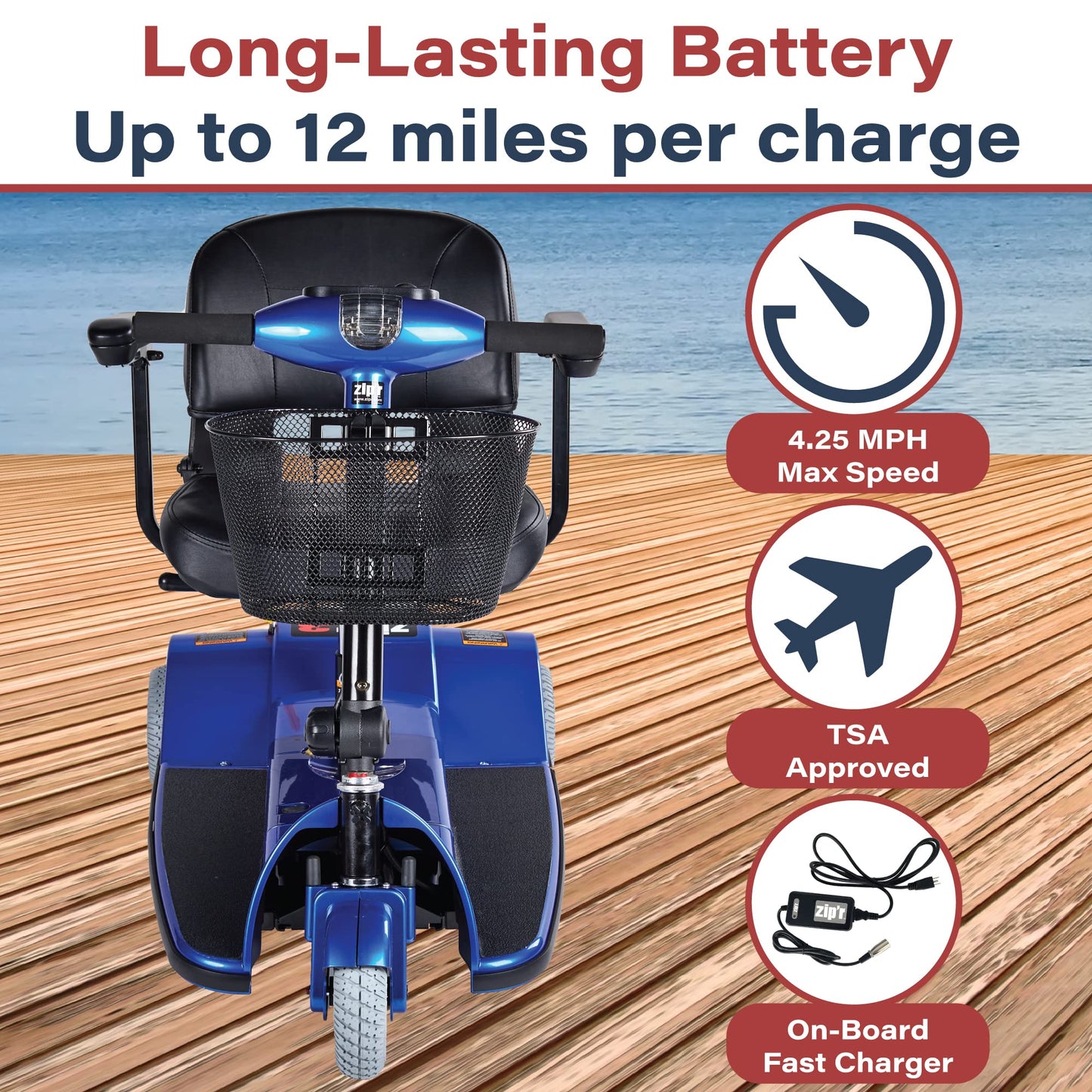 Zipr 3 Wheel Mobility Scooter - Electric Powered Mobile Wheelchair Medical Aid - Folding Portable Compact for Travel, Seniors, Adults and Handicapped - Long Range Battery with Charger Basket Included