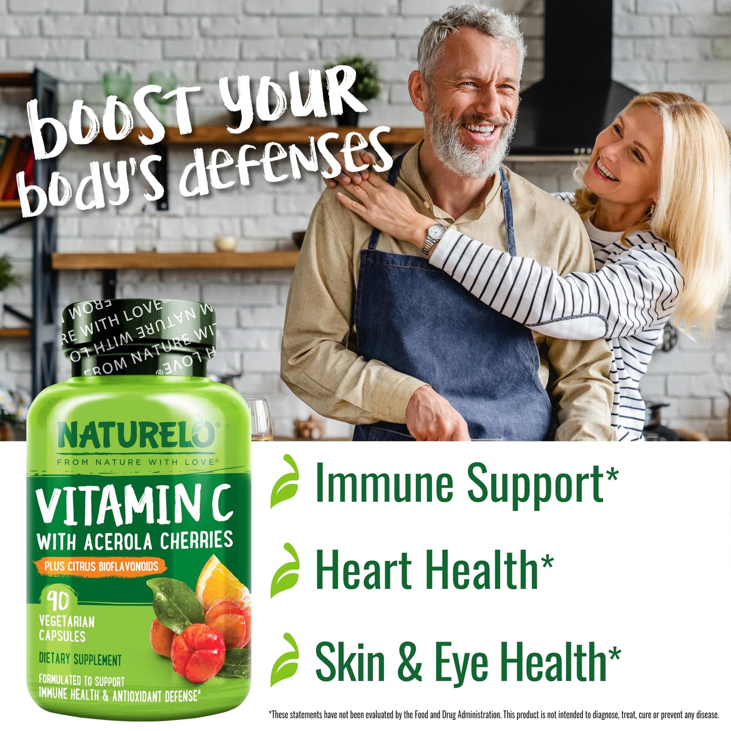 NATURELO Vitamin C with Organic Acerola Cherry Extract and Citrus Bioflavonoids - Vegan Supplement - Immune Support - 500 mg VIT C per Cap - Non-GMO - 90 Capsules