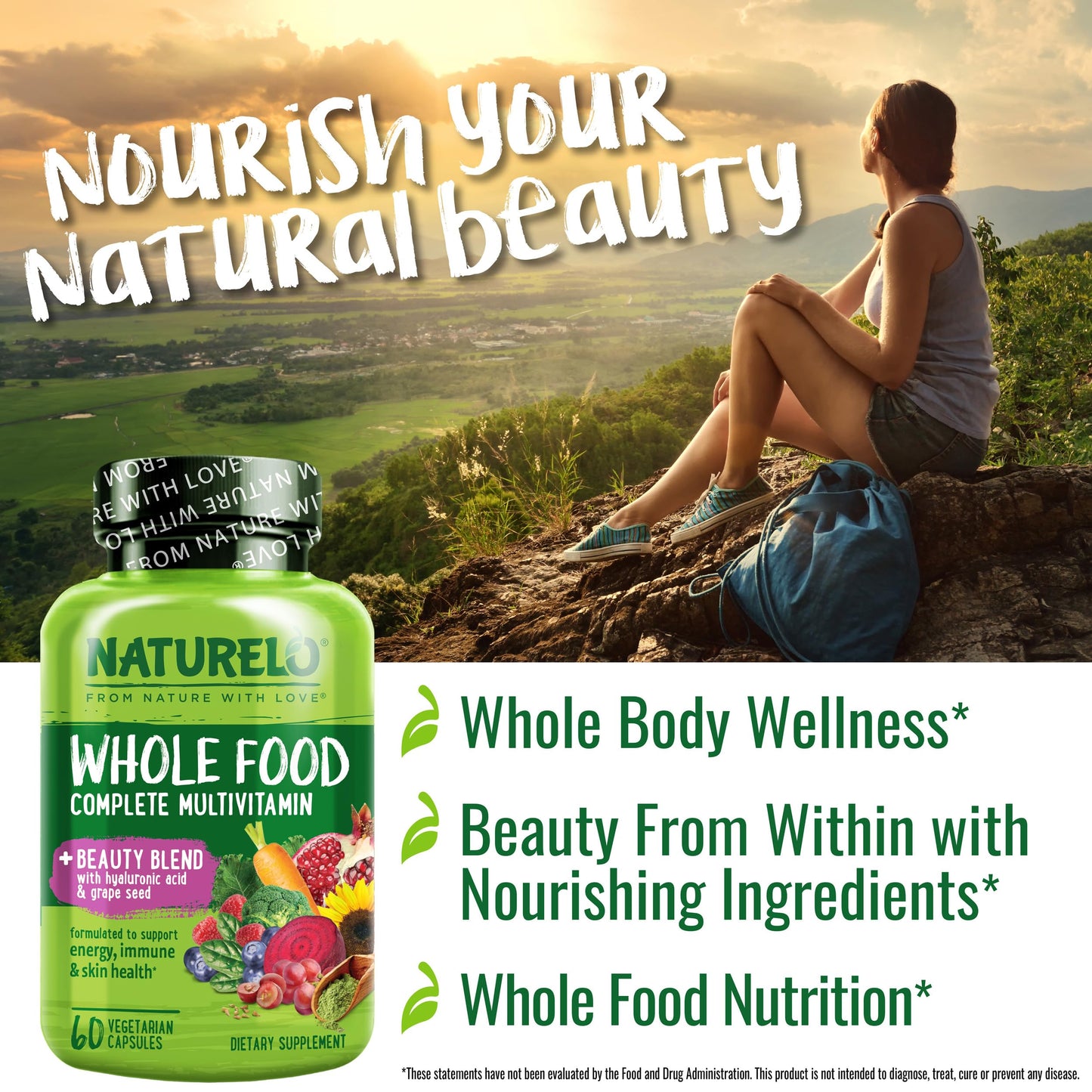 NATURELO Whole Food Multivitamin with Extra Hair, Skin and Nails Support - Beauty Blend with Hyaluronic Acid & Grape Seed - High Potency Biotin, Vitamin C, and Glutathione - 60 Vegan Capsules