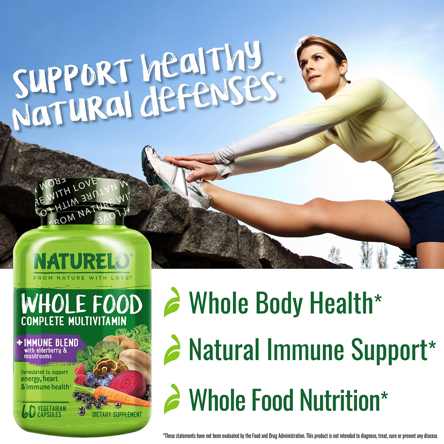 NATURELO Whole Food Multivitamin + Immune Blend with Elderberry & Mushrooms - Complete Multivitamin with Extra Immune Support - C, D3, Zinc, Elderberry, Reishi, Shitake - 60 Vegan Capsules