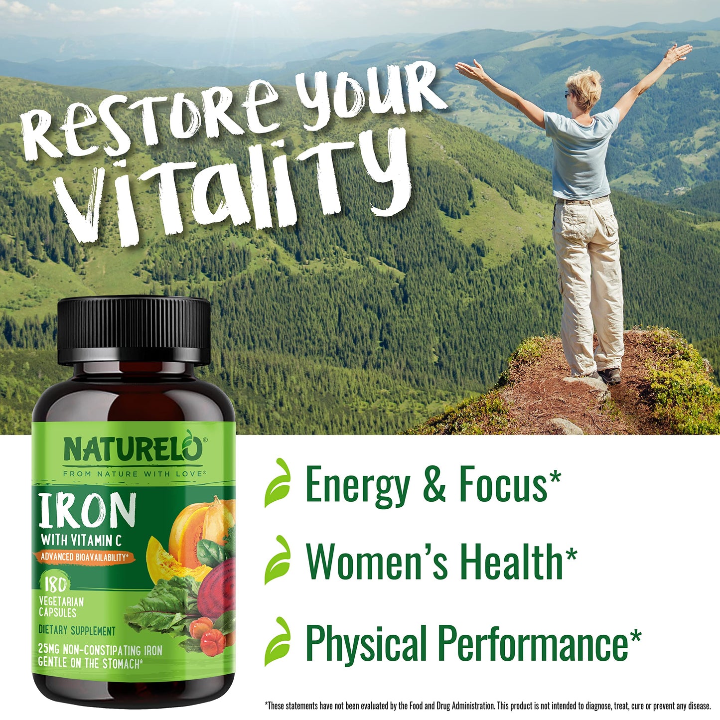 NATURELO Vegan Iron Supplement with Vitamin C and Organic Whole Foods - Gentle Iron Pills for Women & Men with Iron Deficiency Including Pregnancy, Anemia and Vegan Diets - 90 Mini Capsules
