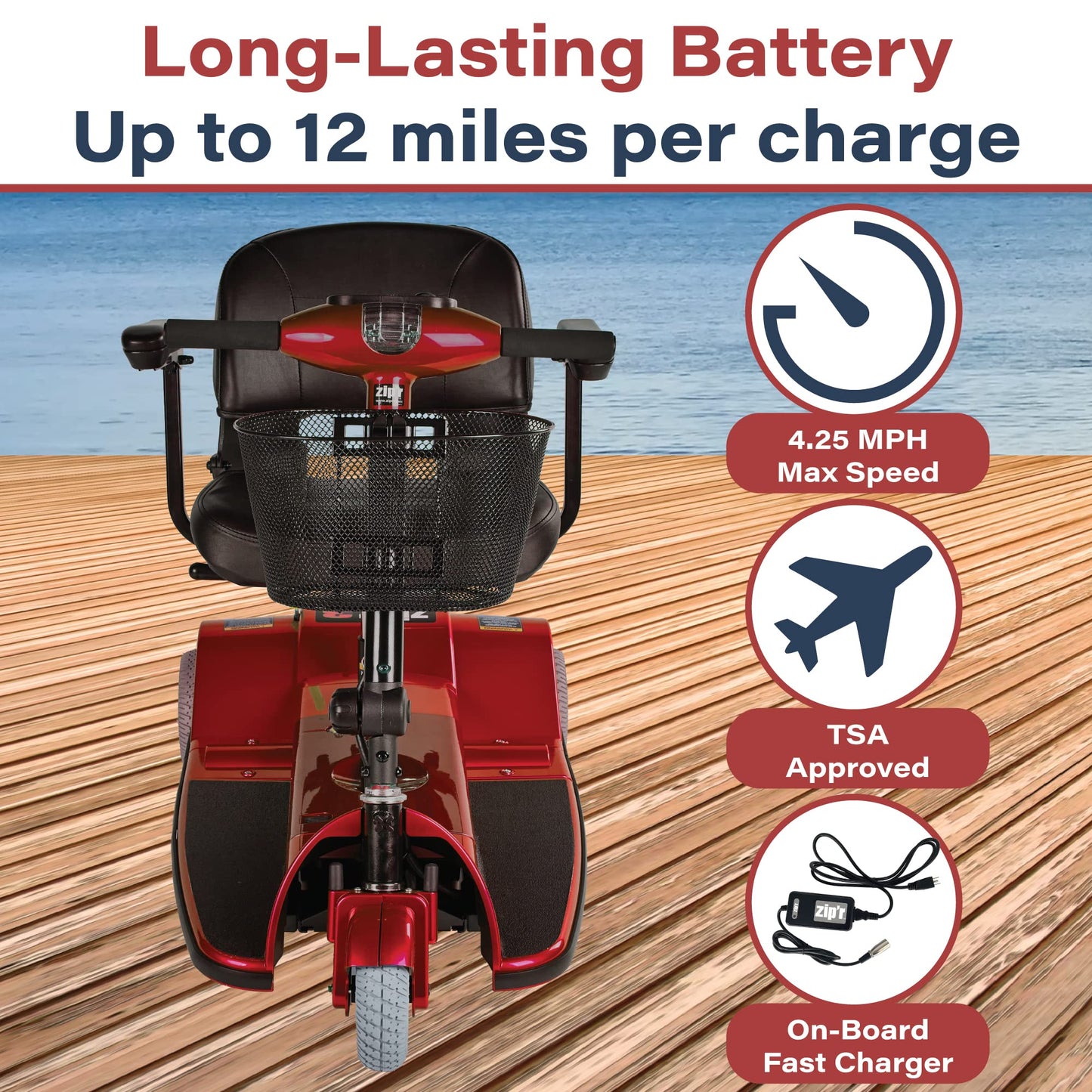 Zipr Xtra 3 Wheel Scooter - 3 Wheel Extended Wheelbase Mobility Scooter - 16" Seat Electric Wheelchair - Portable & Folding Mobility Scooters for Adults, Travel, Seniors, Elderly