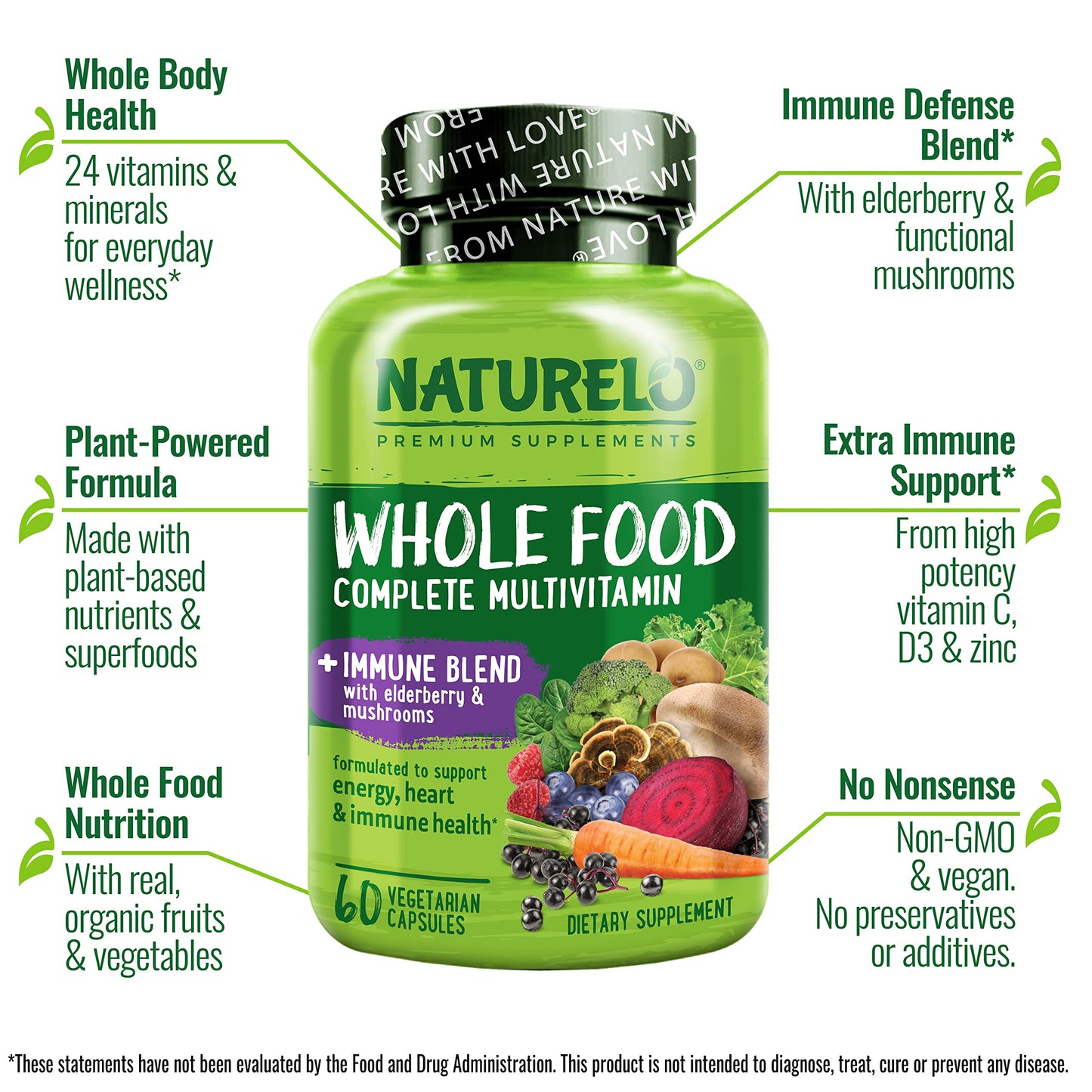 NATURELO Whole Food Multivitamin + Immune Blend with Elderberry & Mushrooms - Complete Multivitamin with Extra Immune Support - C, D3, Zinc, Elderberry, Reishi, Shitake - 60 Vegan Capsules