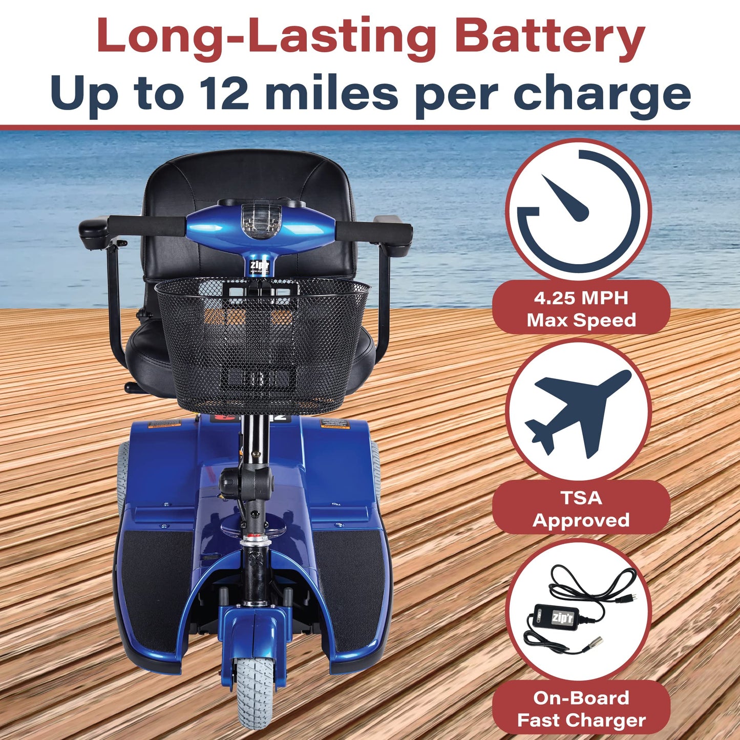 Zipr Xtra 3 Wheel Scooter - 3 Wheel Extended Wheelbase Mobility Scooter - 16" Seat Electric Wheelchair - Portable & Folding Mobility Scooters for Adults, Travel, Seniors, Elderly