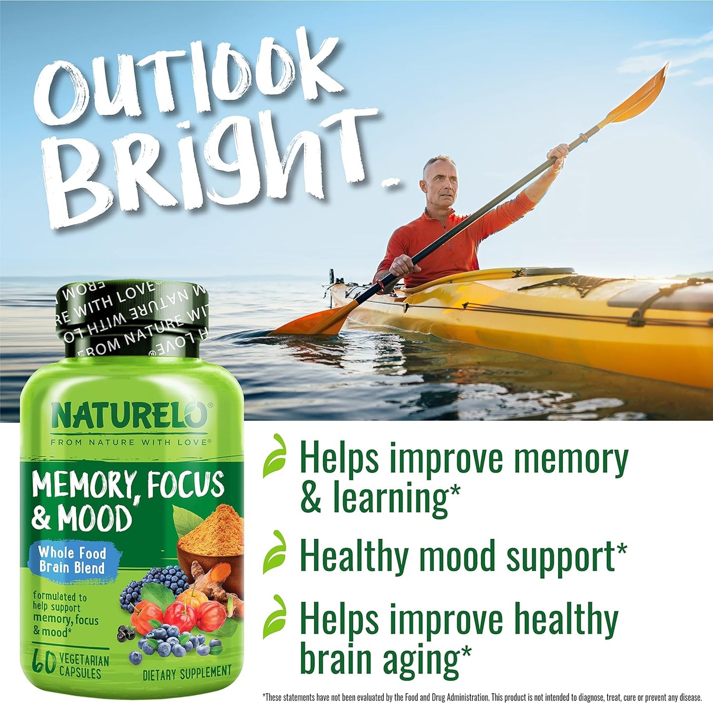 NATURELO Whole Food Brain Supplement - Brain Health Supplements for Memory & Focus Support - Enhance Brain Health Blend Supplement for Adults - 60 Vegetarian Capsules
