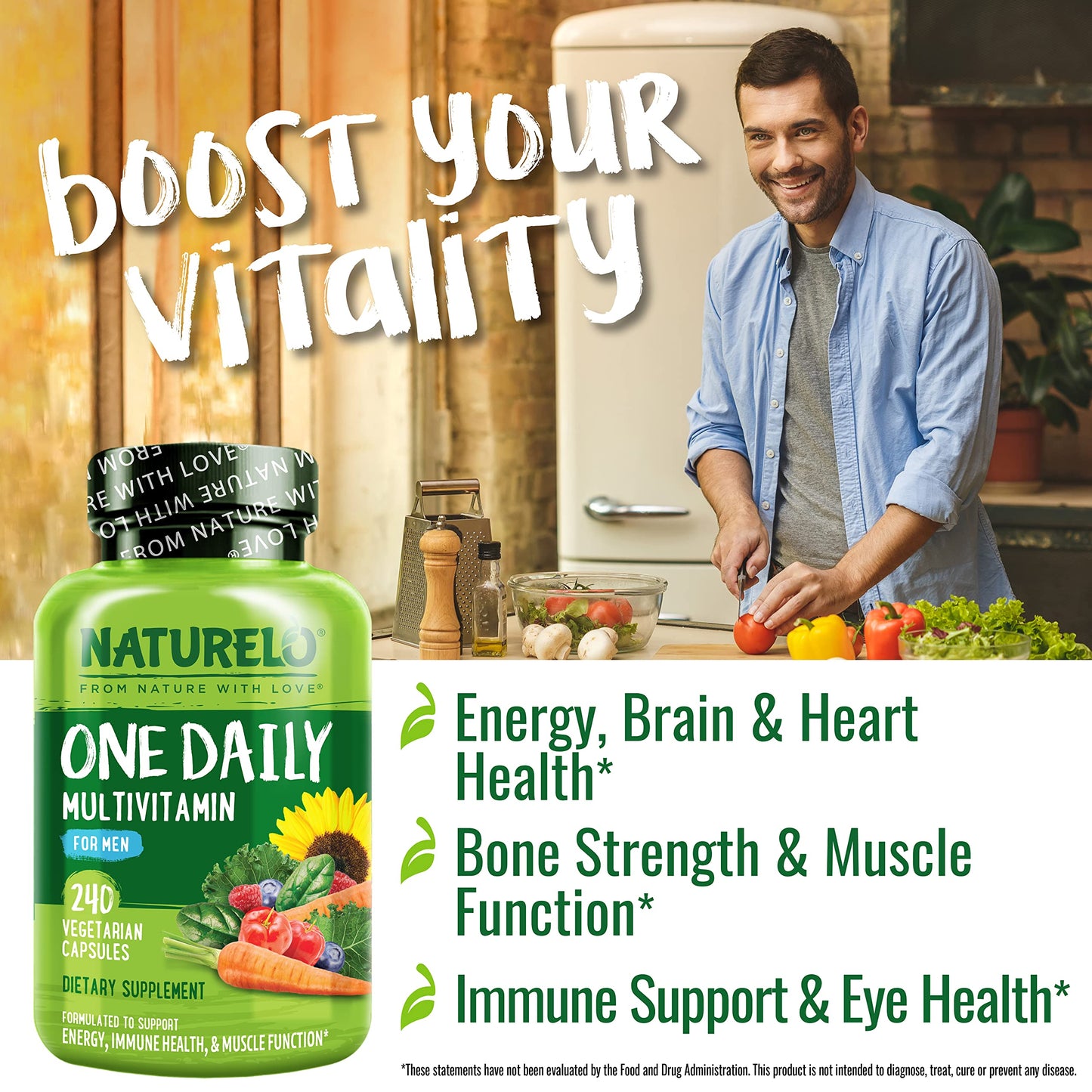 NATURELO Mens Multivitamins - One Daily Multivitamin for Men with Vitamins, Minerals & Organic Whole Foods, Boost Energy & Health, Non-GMO, 120 Vegetarian Capsules