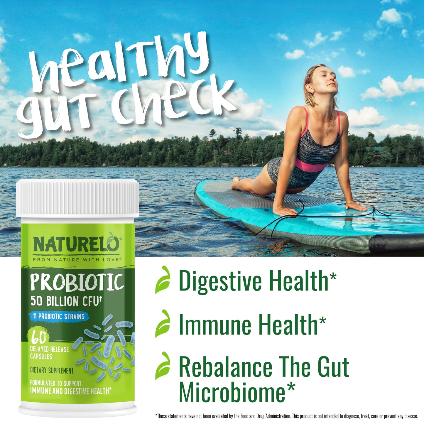 NATURELO Probiotics for Digestive Health - 50 Billion CFU, 11 Strains Daily Supplement - Boosts Immune System, Delayed Release, 60 Vegetarian Capsules