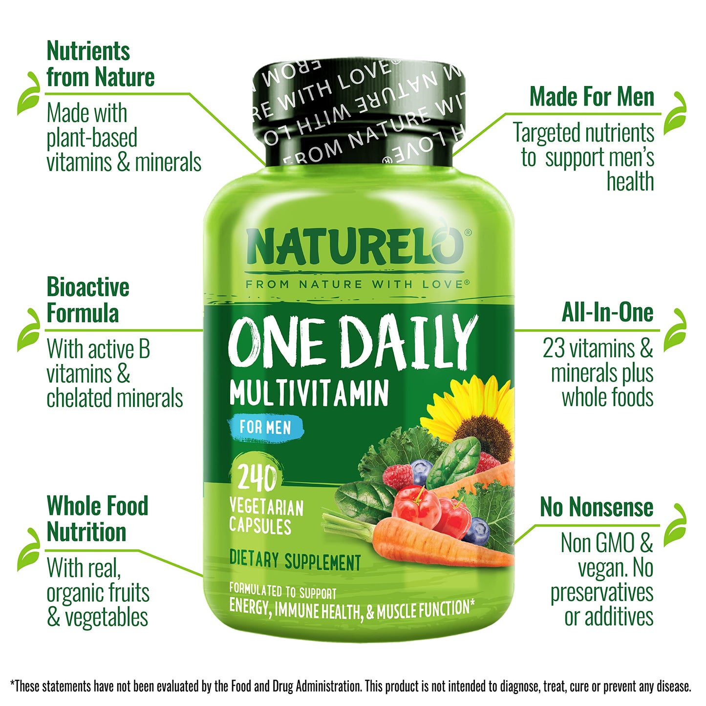 NATURELO Mens Multivitamins - One Daily Multivitamin for Men with Vitamins, Minerals & Organic Whole Foods, Boost Energy & Health, Non-GMO, 120 Vegetarian Capsules