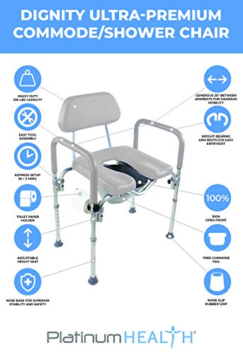 Dignity Ultra-Premium Padded Commode Shower Chair, Comfortable Raised Toilet Seat with Padded Arm Handles and Backrest, for Seniors, Elderly, Adjustable Height, Includes Commode Pail and Lid, Gray
