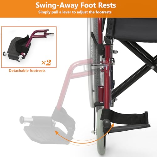 Wheelchair, Heavy Duty Folding Transport Wheelchair with Swing-Away Foot Rest and Removable Flip Back Armrests, 17" Wide Seat for Adults Seniors Easy Transfers, 300lbs, Red
