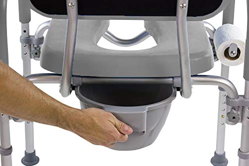 Dignity Ultra-Premium Padded Commode Shower Chair, Comfortable Raised Toilet Seat with Padded Arm Handles and Backrest, for Seniors, Elderly, Adjustable Height, Includes Commode Pail and Lid, Gray