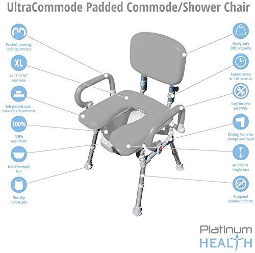 Platinum Health UltraCommode™ Foldable Commode and Shower Chair, Soft, Warm, Portable XL Toilet Seat with Open Front, Padded Pivoting Armrests, Adjustable Height, Includes Free Commode Pail, Blue