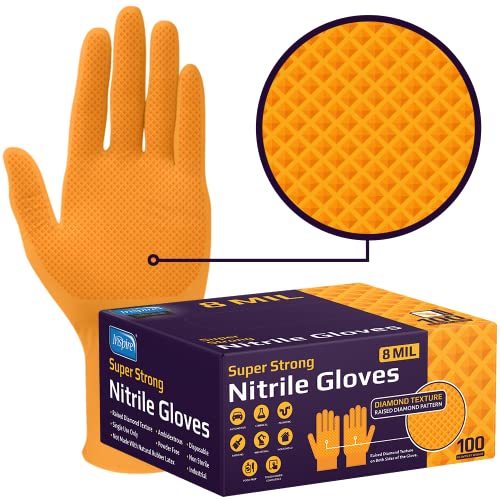 Inspire Heavy Duty Orange Nitrile Disposable Gloves | ULTRA 8 Mil Diamond Textured Grip | Industrial Mechanic Food