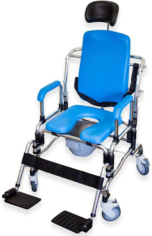 Platinum Health Laguna Professional Reclining Shower Chair with Wheels, Institutional Quality Adjustable Tilting Commode Seat for Shower and Bathtub for Elderly & Disabled, Padded Seat, Back, Armrests