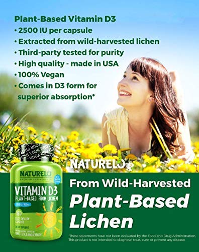 NATURELO Vitamin D - 2500 IU - Plant Based from Lichen - Natural D3 Supplement for Immune System, Bone Support, Joint Health - Vegan - Non-GMO - Gluten Free - 180 Capsules
