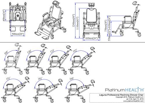 Platinum Health Laguna Professional Reclining Shower Chair with Wheels, Institutional Quality Adjustable Tilting Commode Seat for Shower and Bathtub for Elderly & Disabled, Padded Seat, Back, Armrests