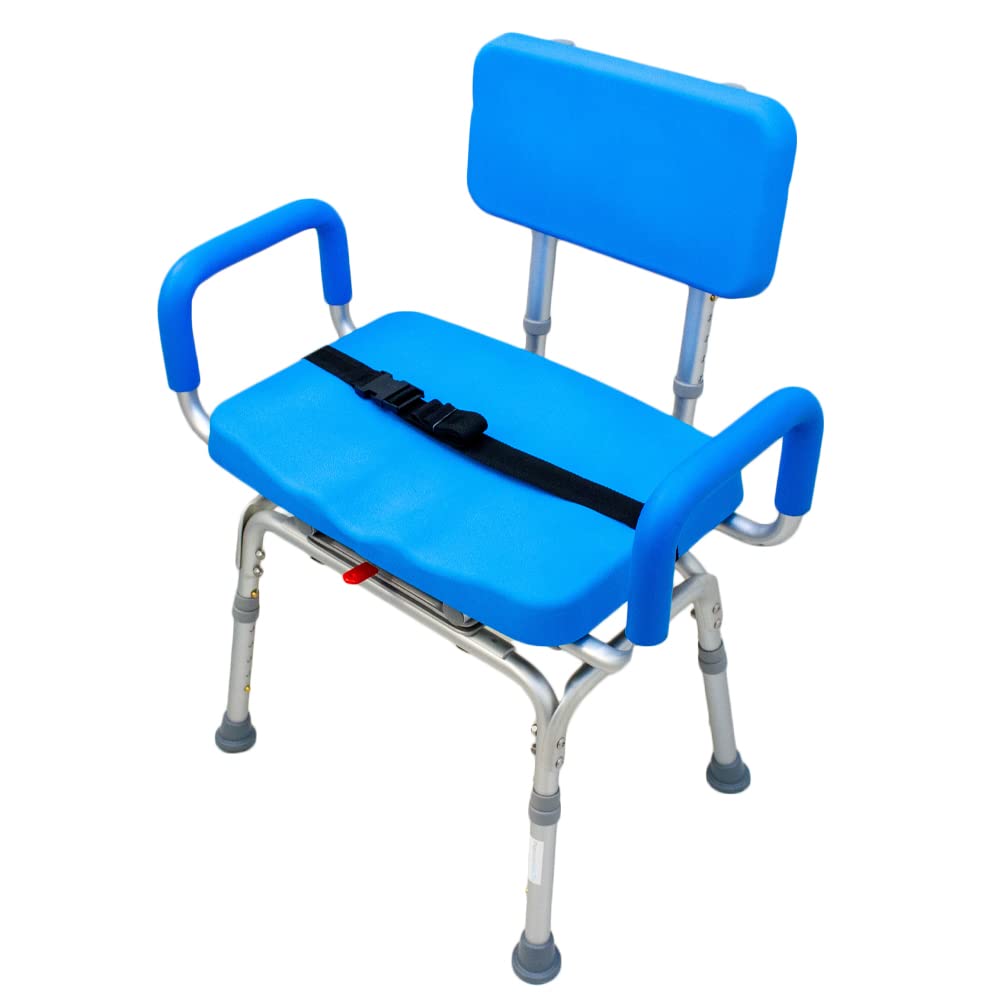 Revolution Pivoting Shower Chair for Bathtub, Adjustable Swivel Seat with Padded Back and Arms, Adjustable Space Saving Design for Tubs, Shower, for Elderly, Handicap & Seniors, Blue