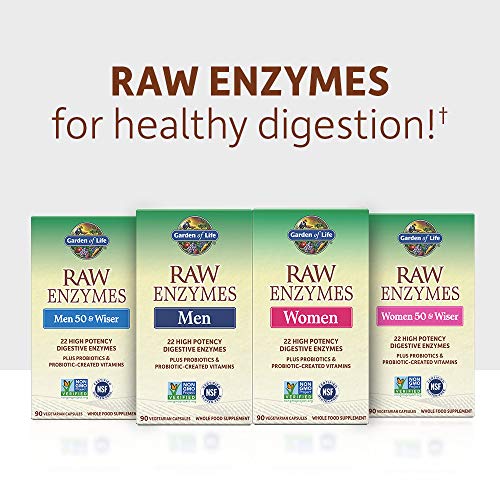 Garden of Life 22 Digestive Enzymes for Women 50 & Over with Bromelain, Papain & Lactase Plus Probiotics & Vitamins B12, Biotin & Zinc – RAW Enzymes – Non-GMO, Gluten-Free, Vegetarian, 90 Capsules