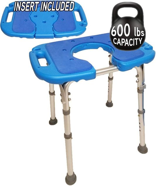 Platinum Health Atlas Deluxe Bariatric Shower/Bath Bench, 600lb. Capacity, Padded with Cutout and Insert. Heavy Duty Shower Chair/Stool with Adjustable Height and XL Seat