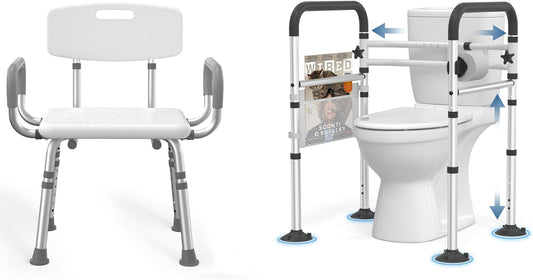 Shower Chair with Toilet Safety Rails for Seniors. Shower Seat with Removable Arms and Back. Toilet Safety Rail Fits Most Toilets Adjstable Height and Width.