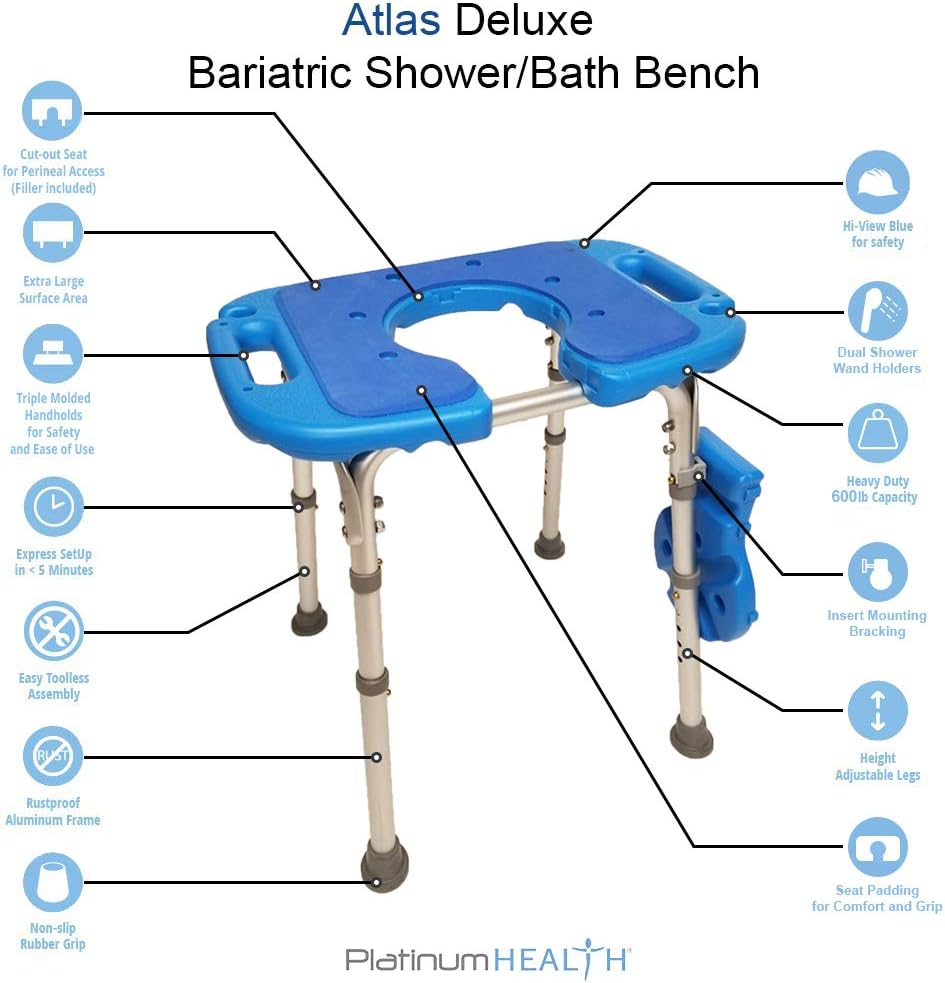Platinum Health Atlas Deluxe Bariatric Shower/Bath Bench, 600lb. Capacity, Padded with Cutout and Insert. Heavy Duty Shower Chair/Stool with Adjustable Height and XL Seat