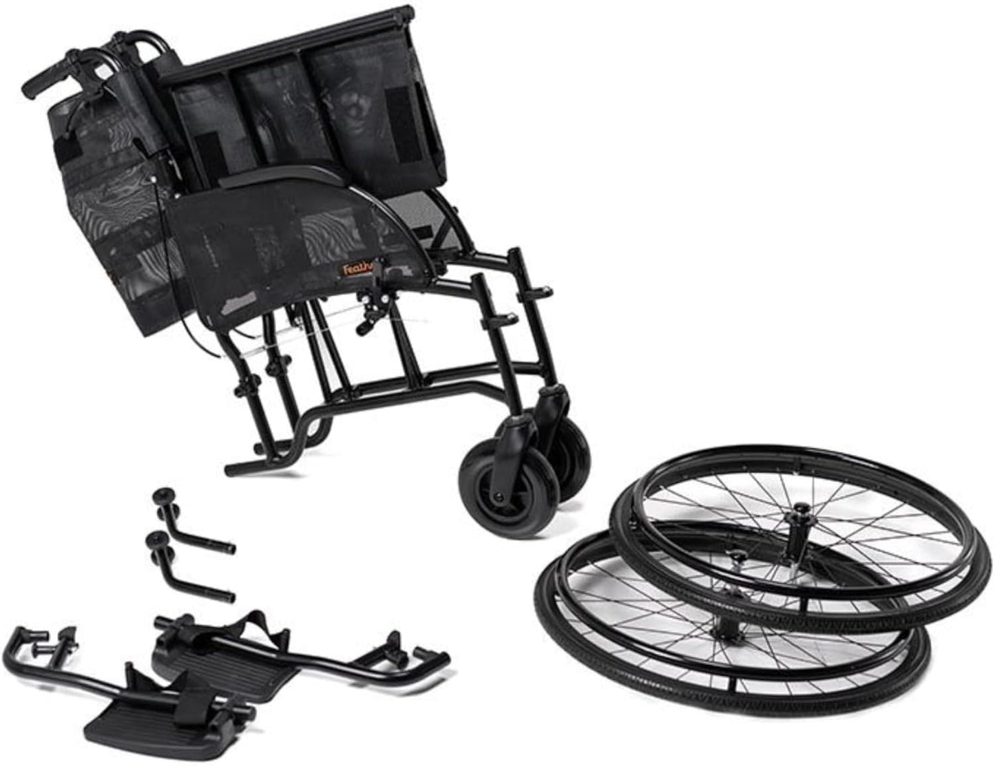 FeatherMobility - Black Lightweight HD Wheelchair 16 lbs - with Swingaway Legrests, Anti-tippers, and Quick Release Wheels - 450 lb Capacity
