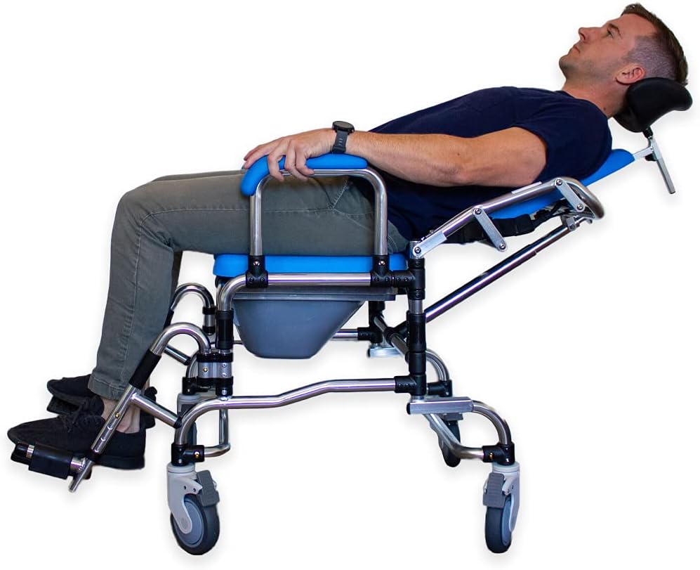 Platinum Health Laguna Professional Reclining Shower Chair with Wheels, Institutional Quality Adjustable Tilting Commode Seat for Shower and Bathtub for Elderly & Disabled, Padded Seat, Back, Armrests