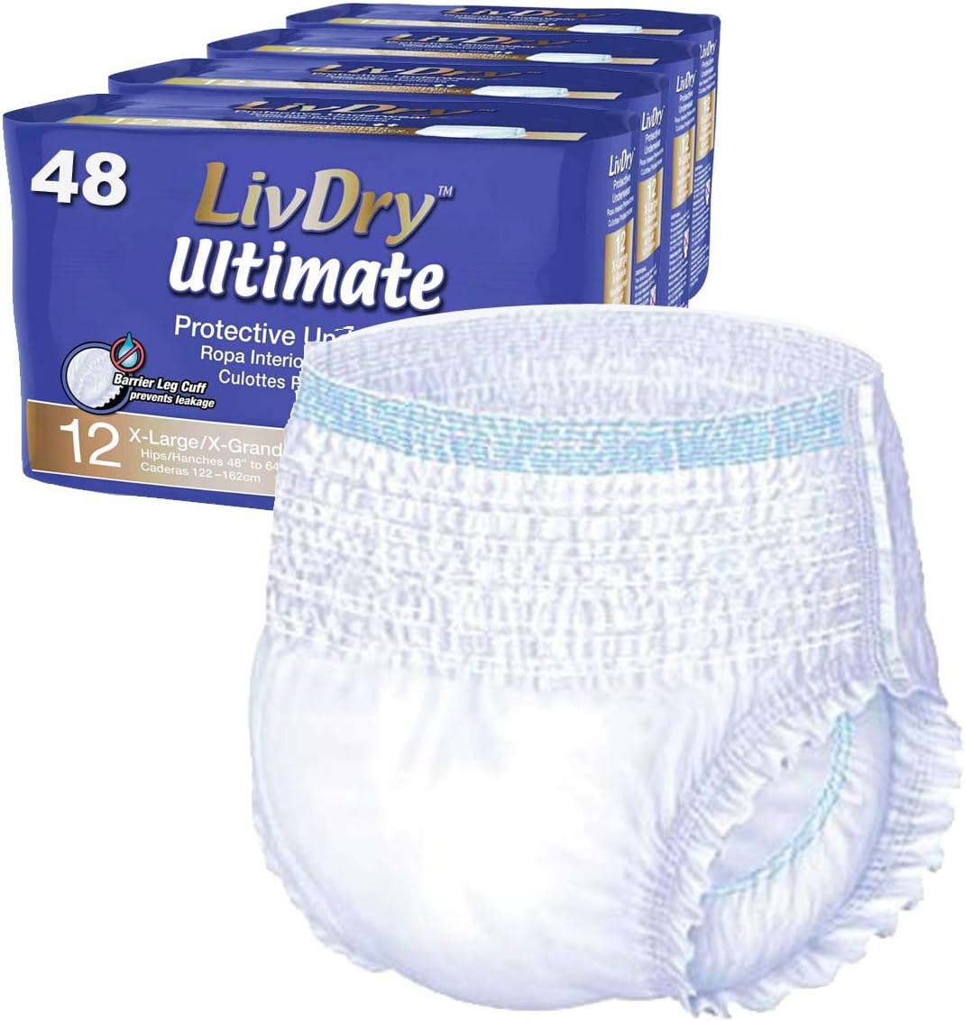 LivDry Ultimate XL 48 Count Adult Incontinence Underwear and LivDry Adult Wet Wipes 240 Count Bundle