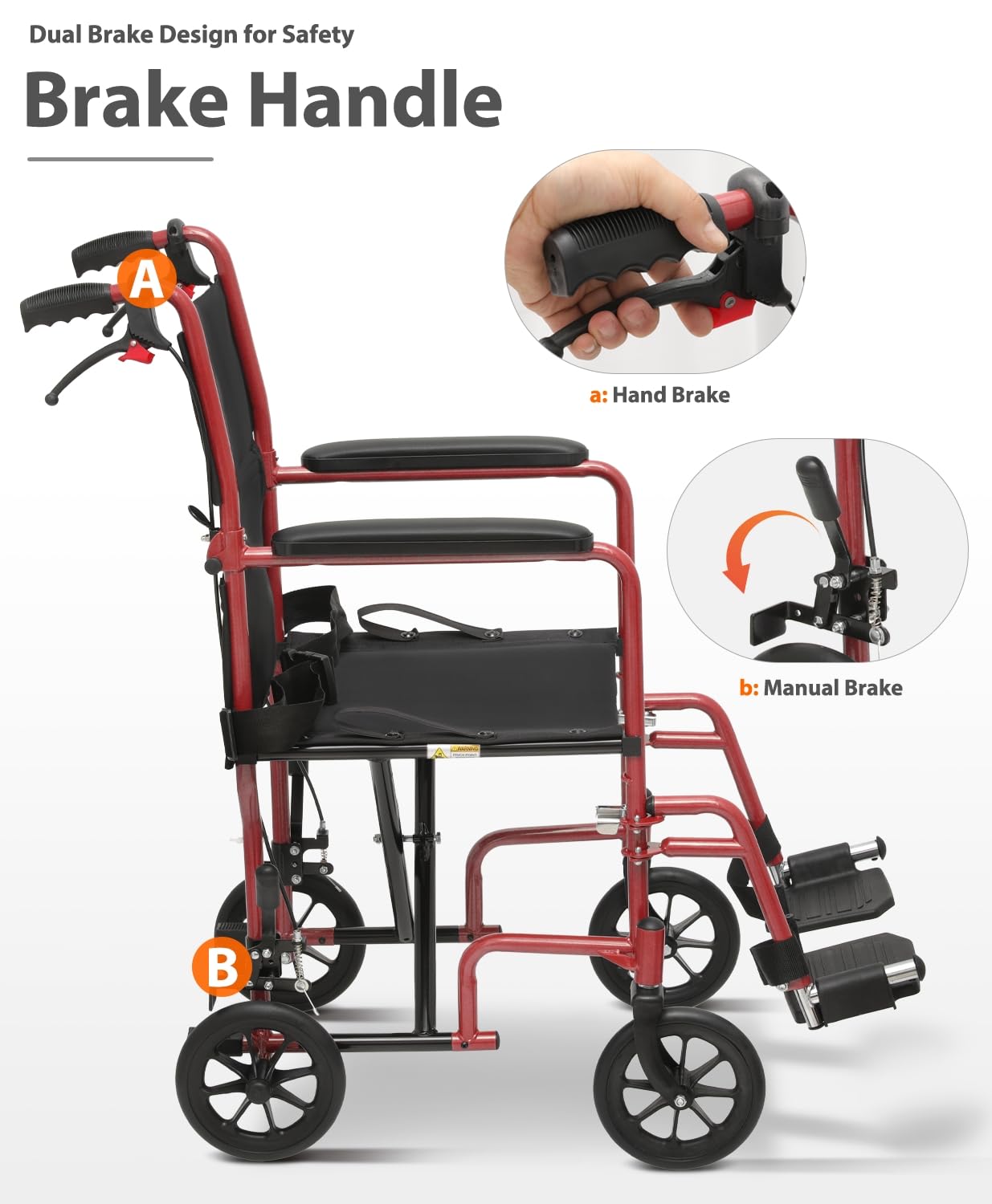 Lightweight Foldable Transport Wheelchair with Handbrakes, 16" Wide Seat for Adults Seniors Easy Transfers, 250lbs, Blue